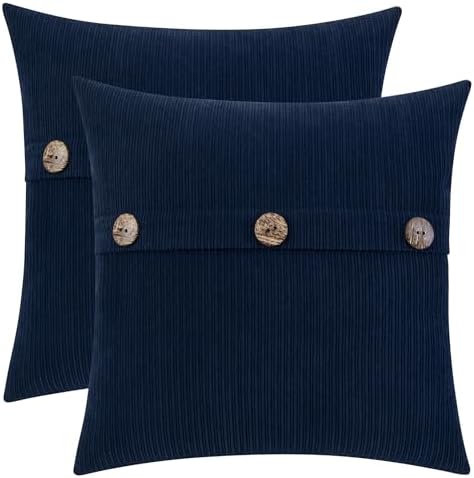 HWY 50 Navy Blue Chenille Throw Pillow Covers 18x18 Inch Buttons Pack of 2 by HWY50