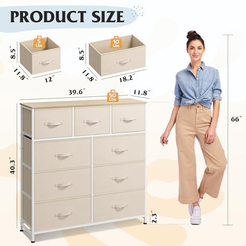 WLIVE Tall Dresser for Bedroom, 9 Drawer Chest of Drawers, Cream White - Image 3