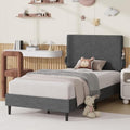 Twin Bed Frame, Chenille Headboard, Side Pockets, Dark Grey by BarnFurin