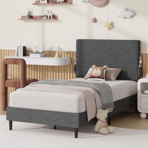 Twin Bed Frame, Chenille Headboard, Side Pockets, Dark Grey by BarnFurin