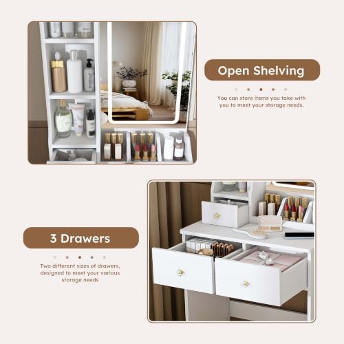 Compact Vanity Desk with 3 Lighting Modes, 3 Drawers & 6 Shelves, Side Outlet - Image 7