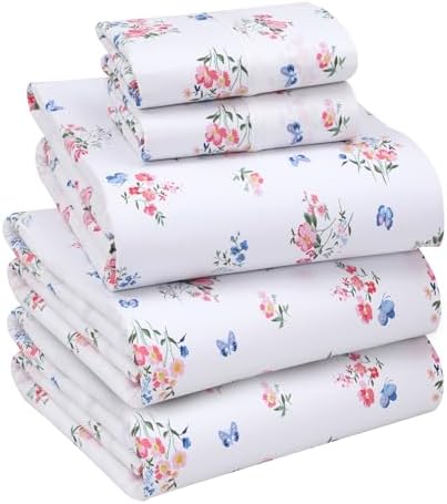 RUVANTI 100% Cotton Split King Sheets, Percale Sheet Set, Funa Flora by Ruvanti