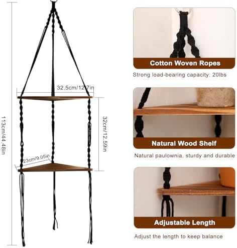 Artilady Corner Shelf Macrame Wall Hanging Balck, Boho Wood Storage Decor - Image 2