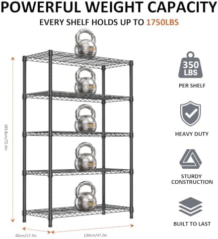 5-Tier Garage Shelving Unit, Heavy Duty Metal Wire Shelving - Image 3