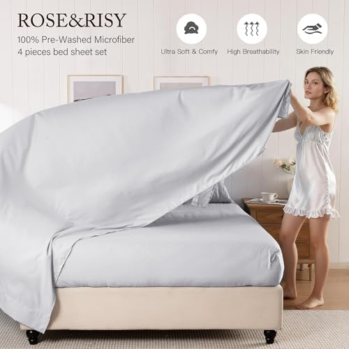 ROSE&RISY Silver Gray Sheets Queen Sheet Set, Pre-Washed Cotton-Like Brushed - Image 5