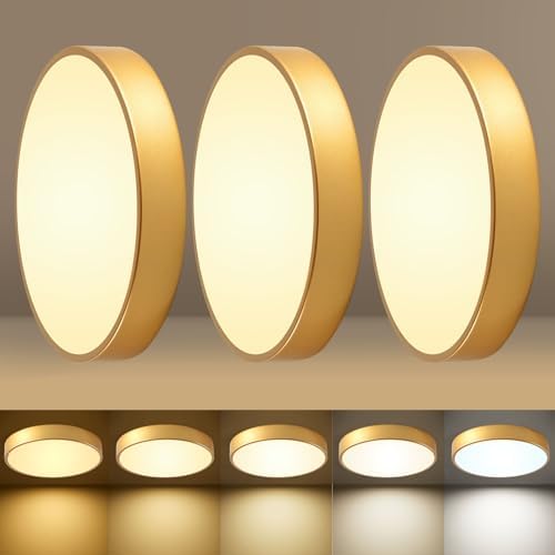 Flush Mount Ceiling Light Fixtures Gold LED 5CCT 12In 24W 3Pack by HLinghtnet