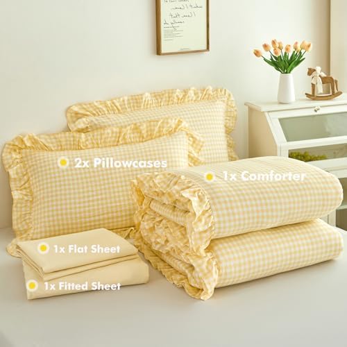 5 Pcs Gingham Bedding Set Queen Yellow Ruffle Comforter Sets - Image 5