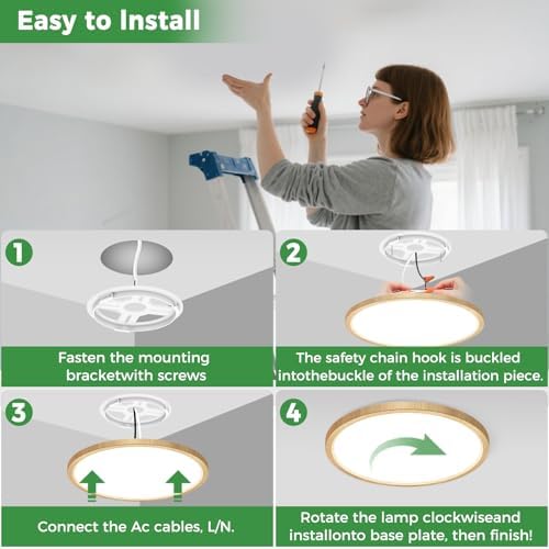 zemty 2Pack 12 inch Faux Wood LED Flush Mount Ceiling Lights, Dimmable 5 Color - Image 7