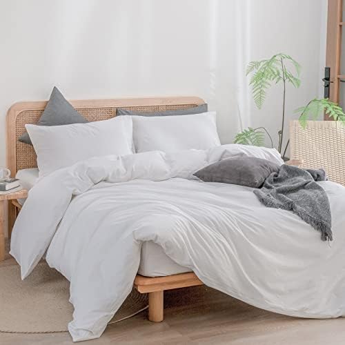 BESTOUCH Cotton Solid Duvet Cover Set Linen Feel Bright White Full - Image 4