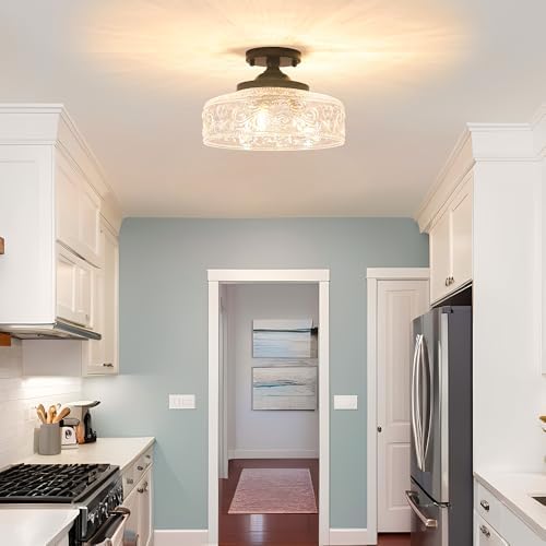 Semi Flush Mount Ceiling Light Fixture, Vintage Matte Black 3-Light Fixture - Image 2