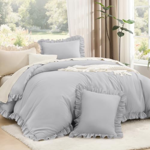 Litanika Queen Comforter Set, 3 Pieces Light Grey Ruffle Bedding Set by Litanika