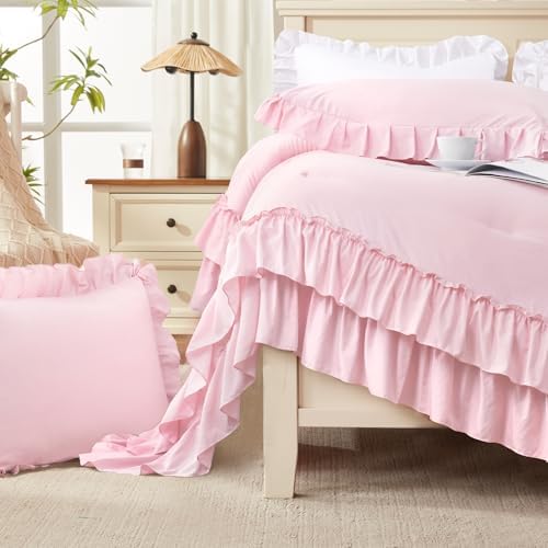 Andency Pink Twin Size Ruffle Comforter Set, 2 Pieces - Image 4