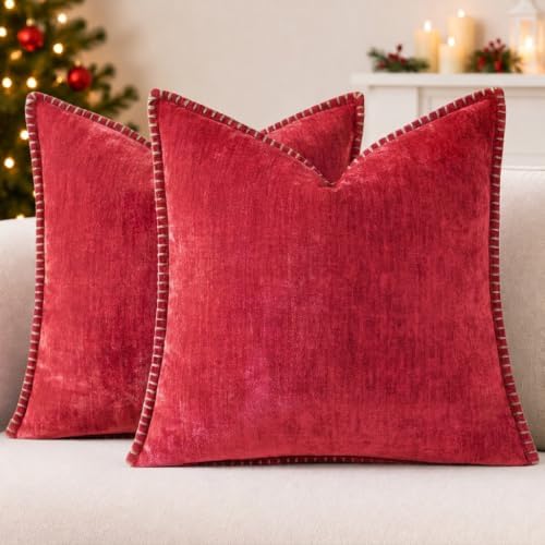 Pallene Chenille Soft Red Throw Pillow Cover 16x16 Set of 2 by PALLENE