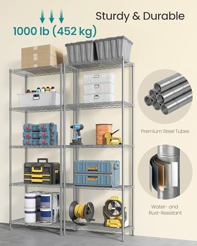 SONGMICS 5-Tier Storage Shelves, Adjustable Wire Shelving Unit, 8 Hooks - Image 4