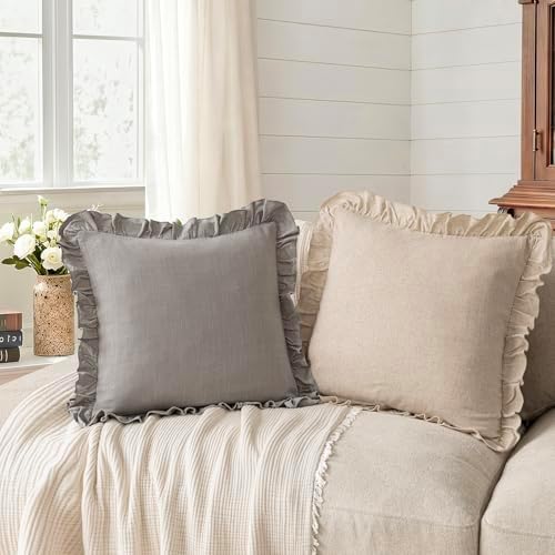 Foindtower Linen Fringe Ruffle Throw Pillow Covers 20×20 Inch Taupe Gray - Image 4