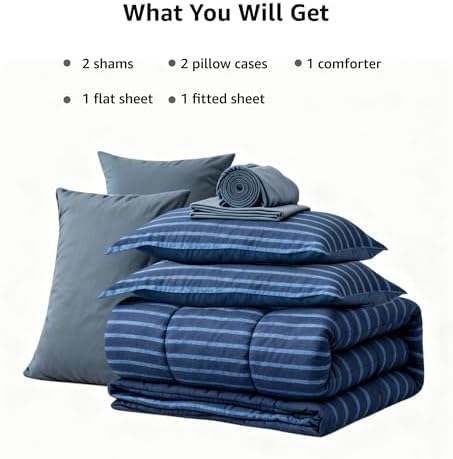 Monbix Oversized Queen Comforter Set-7 Pieces Navy Blue Striped Bedding Set - Image 7