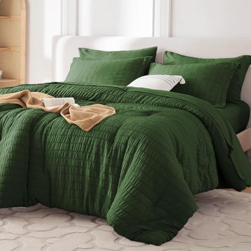 Oversized King Comforter Set 7 Pieces, Seersucker Bed in a Bag, Dark Green by MUXHOMO