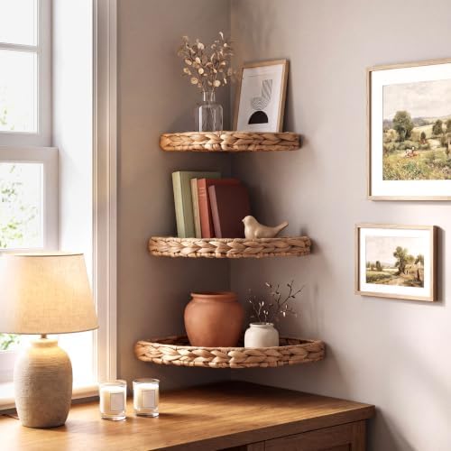 Set of 3 Wicker Floating Corner Shelf Boho Wall Decor - Image 6