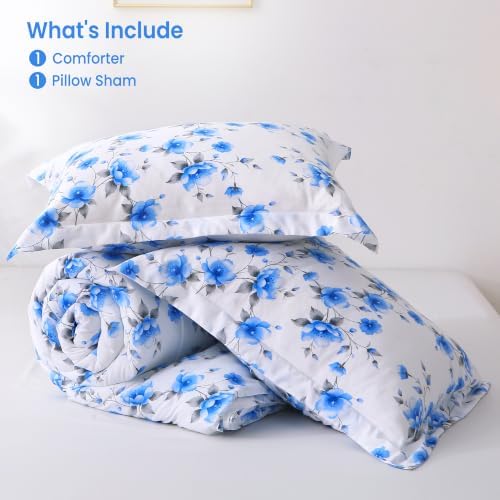 Mooreeke Floral Twin Size Comforter Sets, Gradient Blue Flower Patterned Bed in - Image 7