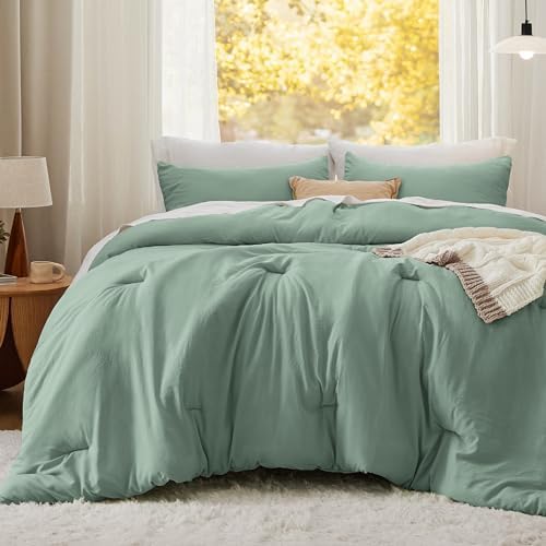 Bedsure Comforter Set Full Prewashed Soft Bedding 3Pcs Sage Green 82"x86" - Image 2