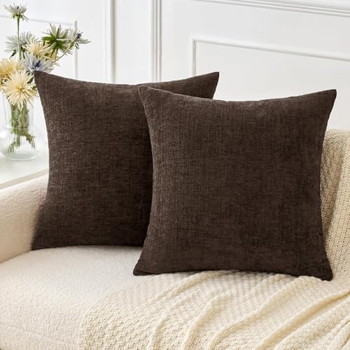 MIULEE Chenille Fall Euro Pillow Covers Chocolate Brown 24x24 Pack of 2 by MIULEE