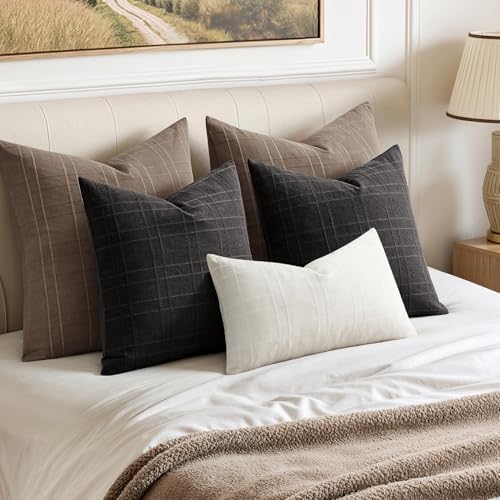 MIULEE Linen Plaid Pillow Covers Fall Decorative 18x18 Brown - Image 5