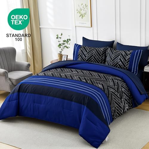 Luxudecor Blue Comforter Set Queen Size, 7 Pieces Stripe Geometric Bed in a Bag - Image 2