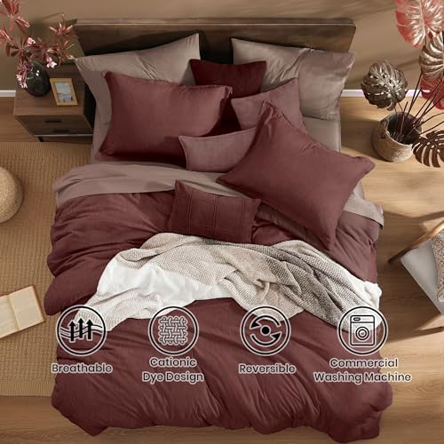 Monbix Queen Comforter Set 7 Pieces Cationic Dyeing Dark Red Bed in a Bag - Image 2