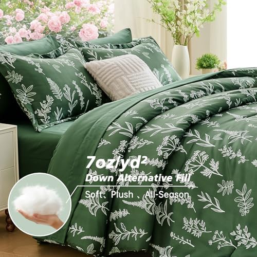 MUXHOMO Queen Comforter Set, 7-Piece Floral Bed in a Bag, Dark Green - Image 3