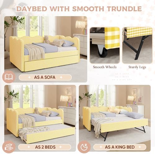 Twin Size Daybed with Pop Up Trundle, Linen Gingham Twin to King Daybed with - Image 5