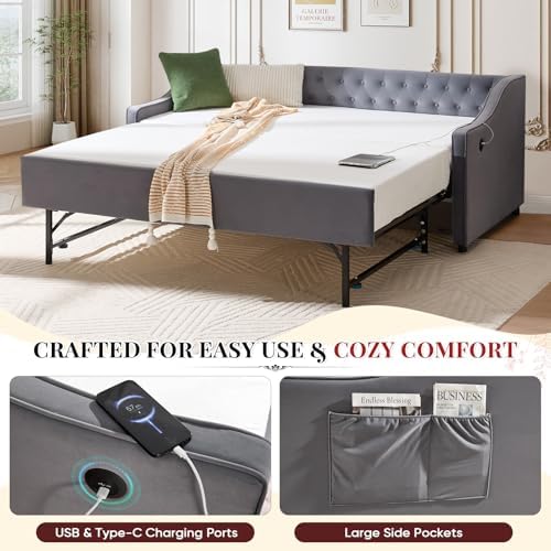 Daybed with Trundle Bed Twin, Upholstered Day Beds Frame - Image 4