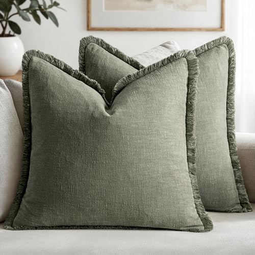 MIULEE Linen Fringe Decorative Throw Pillow Covers Light Olive Green 18x18 by MIULEE