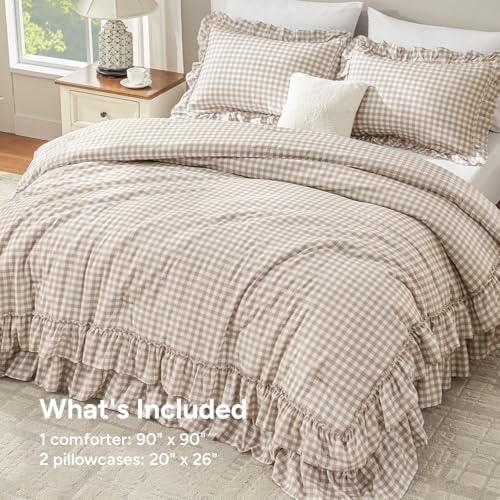 Andency Tan Gingham Ruffle Comforter Set Queen Size, 3 Pieces - Image 3
