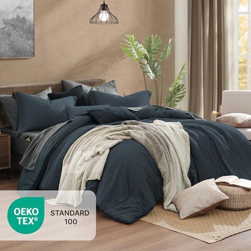 Monbix King Comforter Set 7 Pieces Navy Blue Cationic Dyeing Bed in a Bag - Image 5