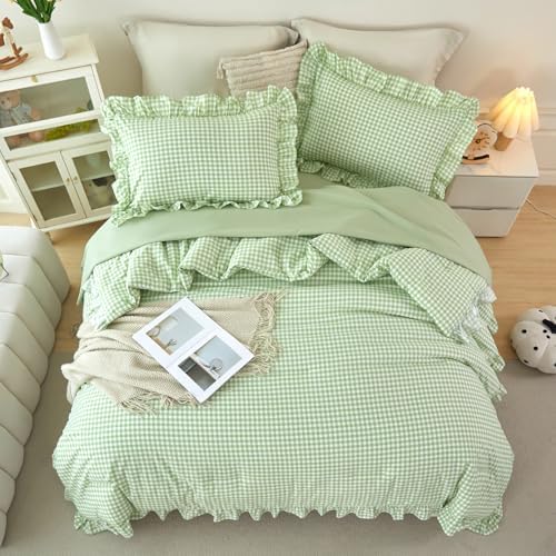 Green Gingham Bedding Set Queen 5 Pieces Ruffle Grid Comforter Set - Image 3
