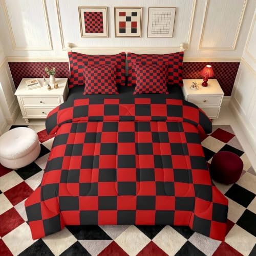 Feelyou Checkered 7 Piece Bedding Set Teen Red Black Plaid Comforter Set by Feelyou