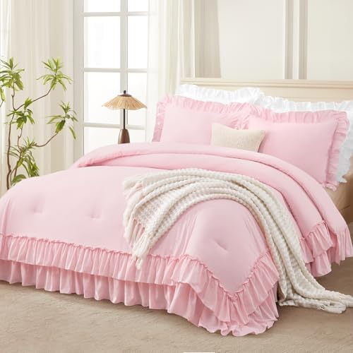 Andency Pink Twin Size Ruffle Comforter Set, 2 Pieces by Andency