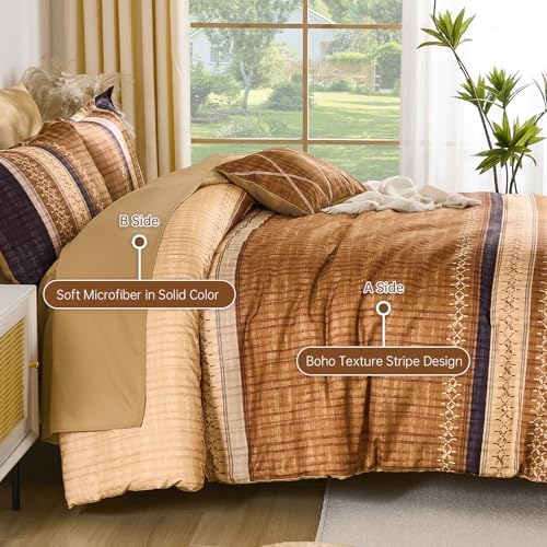 Dintszyayue Boho King Comforter Size Set, 8 Pieces Striped Texture Gold Purple - Image 4