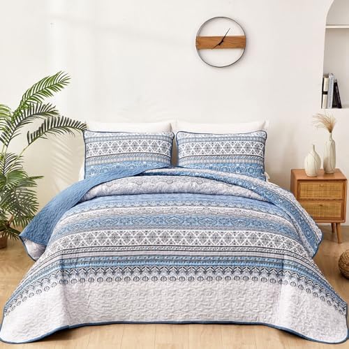 WONGS BEDDING Boho King Quilt Bedding Set, 3 Pieces Bedspread, Light Blue by WONGSBEDDING