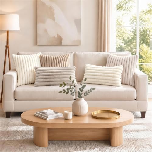decorUhome Faux Fur Throw Pillow Covers 16x16 Set of 2 Cream White - Image 5