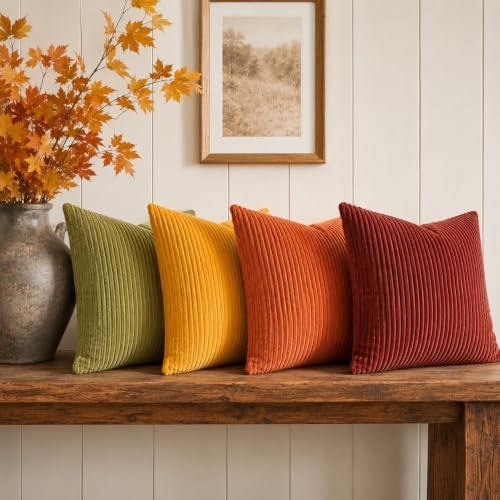 Topfinel Fall Burnt Orange Throw Pillow Covers 16x16 Set of 4, Corduroy Striped - Image 5