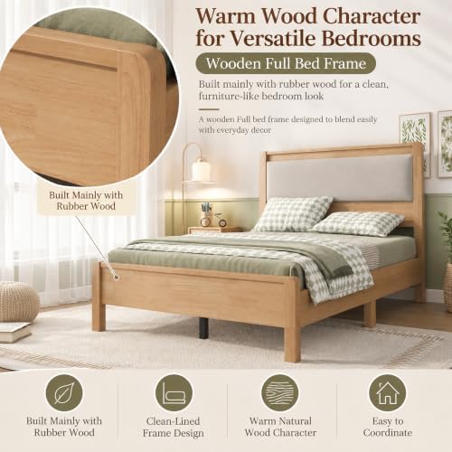 Full Bed Frame with Upholstered Headboard, Wooden Platform Bed - Image 4