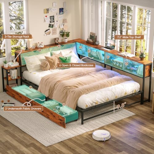 Full Corner Bed Frame with Storage Bookcase and Bedside Rack - Image 6