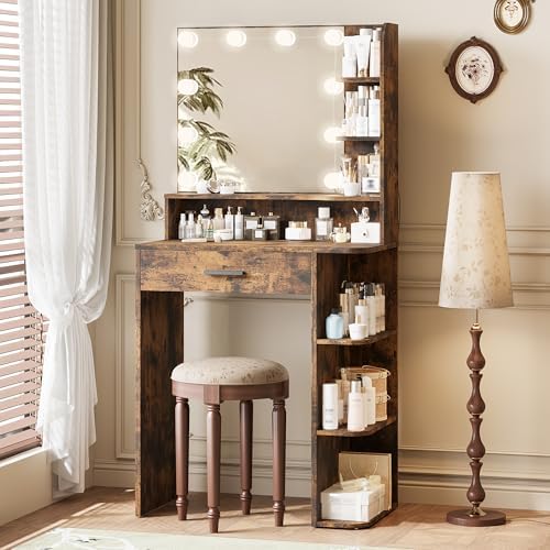 Makeup Vanity Desk with Mirror and Lights, 26.4”Small Vanity Mirror with Lights by Neoriver