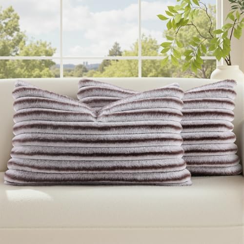 decorUhome Fall Faux Fur Throw Pillow Covers 12x20 Set of 2 Brown White by decorUhome