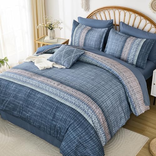 Dintszyayue Blue Comforter Set Cal King Size, 8 Pieces Boho Striped Bed in a - Image 3