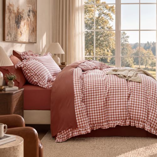 Bedsure Gingham Ruffle Duvet Cover Set, Cotton-Like Bed, Terracotta - Image 2