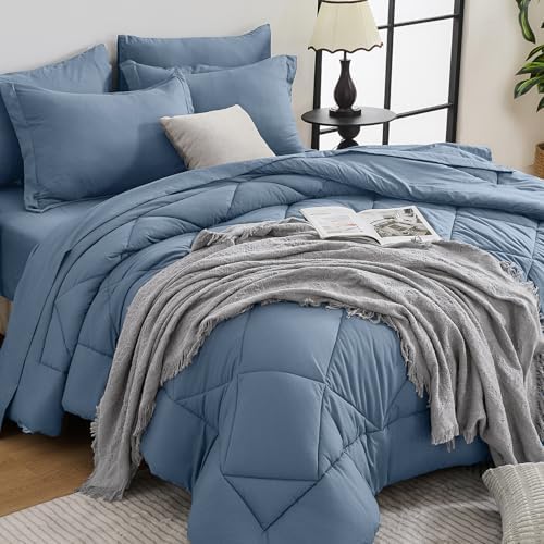 HEVUMYI 7-Piece Queen Comforter Set, Dusty Blue Bed in a Bag by HEVUMYI