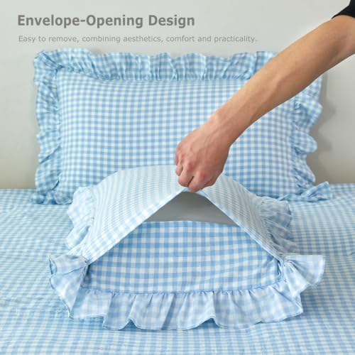 Queen Gingham Comforter Set 5 Pcs Blue Plaid Ruffle Bedding Set - Image 6