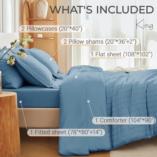 MUXHOMO King Comforter Set 7 Pieces, Seersucker Bed in a Bag, Mineral Blue - Image 4